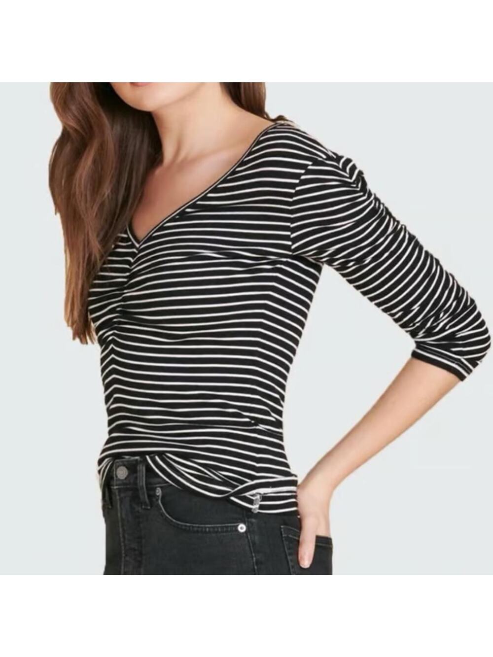 Veronica Beard Clarita Ruched Sleeve V-Neck Striped Black Ivory Tee Size S